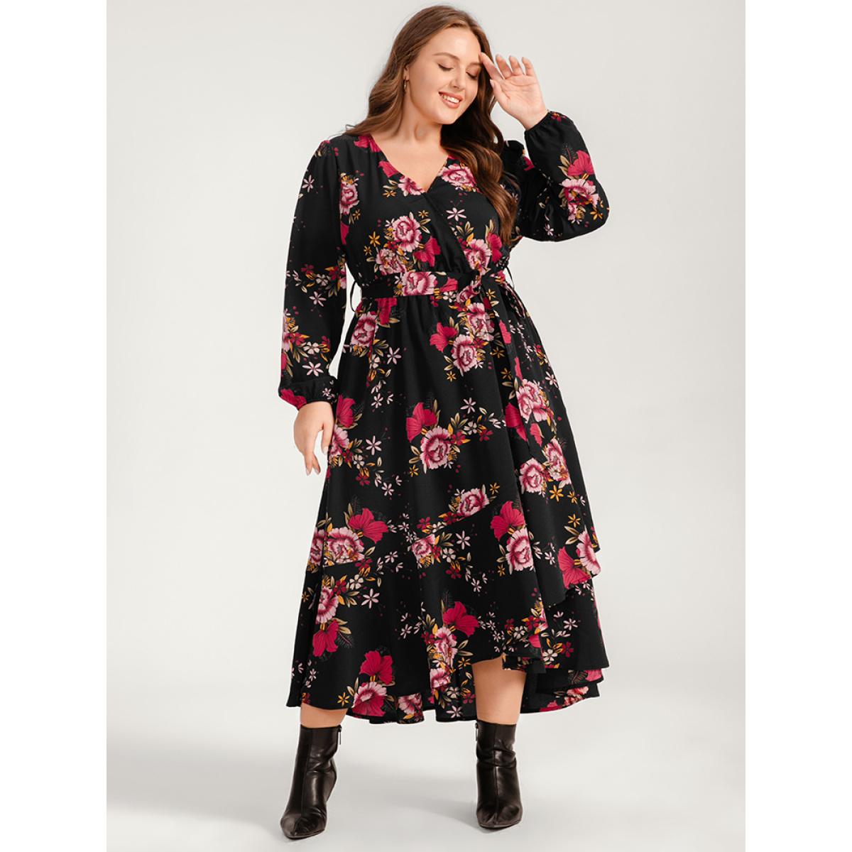 Plus Size Floral Ruffle Lantern Sleeve Pocket Belted Asymmetrical Hem Dress Black Women Elegant Cross straps V-neck Long Sleeve Curvy Long Dress BloomChic 26/4X Product Image