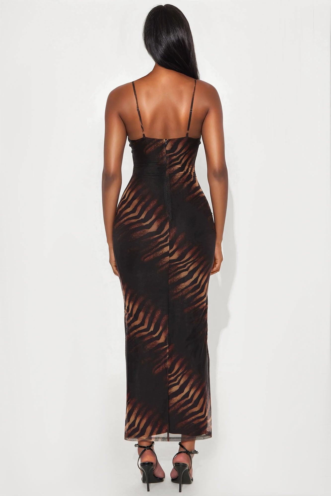 Kaya Tiger Print Mesh Maxi Dress - Brown/combo Female Product Image