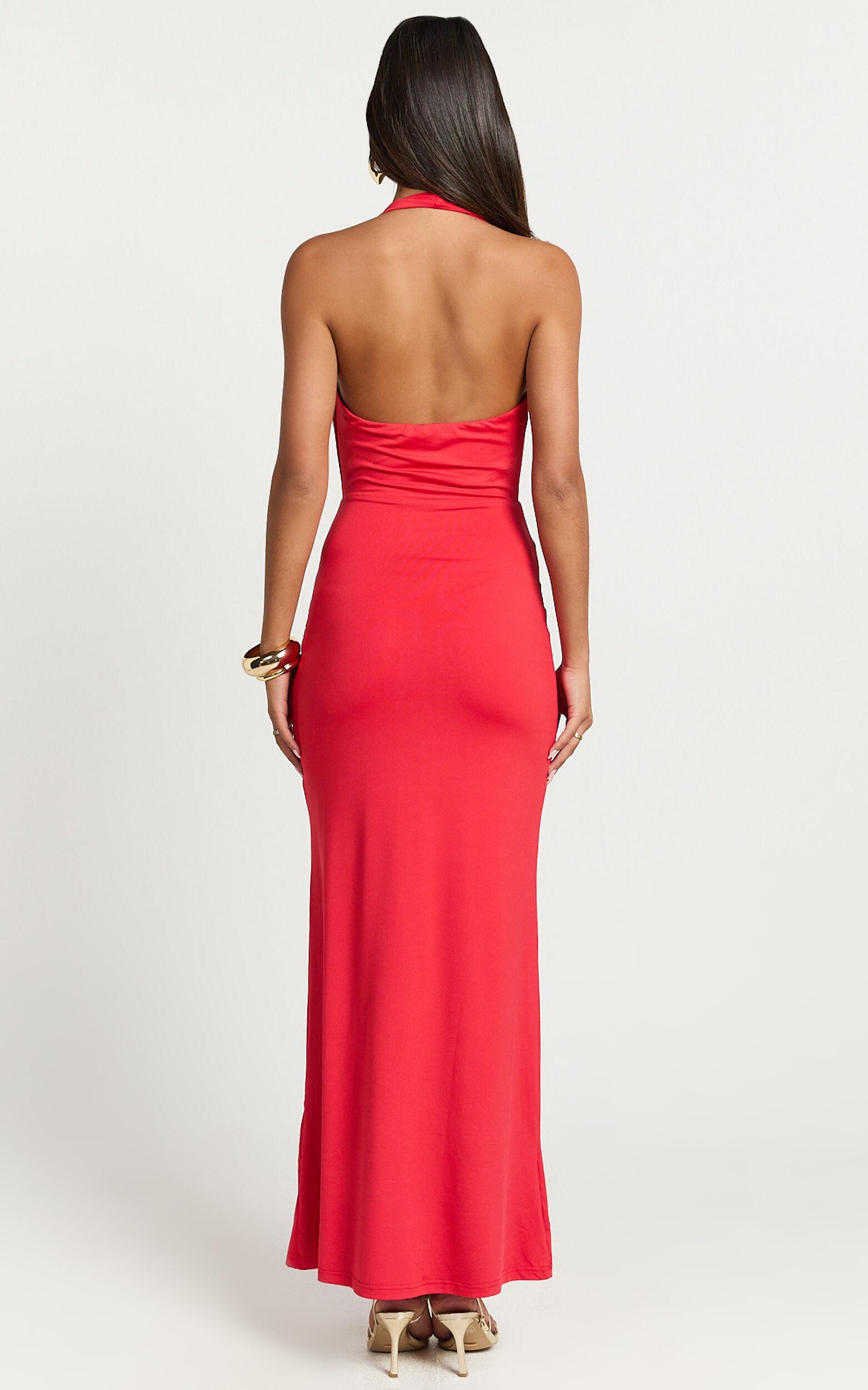Sylvana Maxi Dress - Cowl Halter Neck Bodycon Dress in Red Product Image