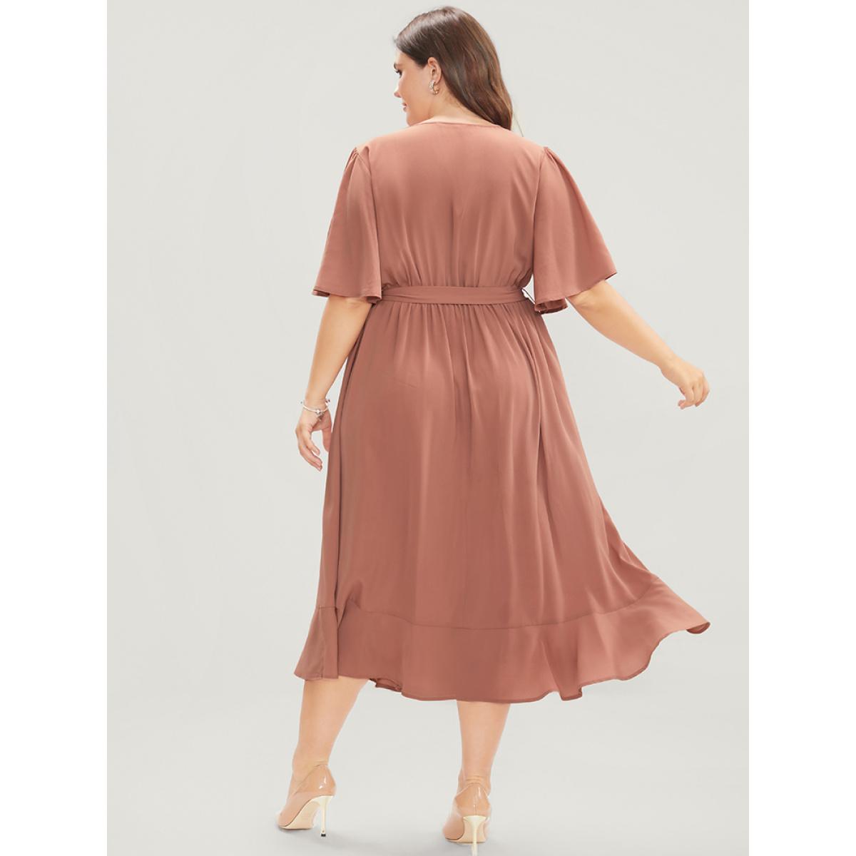 Plus Size Solid Keyhole Round Neck Pocket Belted Flutter Dress Salmon Women Office Belted Round Neck Half Sleeve Curvy Midi Dress BloomChic 30/6X Product Image