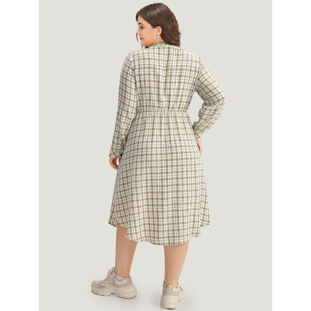 Plus Size Gingham Button Through Arc Hem Dress Sage Women Casual Printed Notched collar Long Sleeve Curvy Midi Dress BloomChic 26/4X Product Image