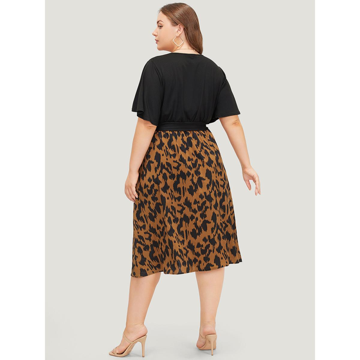 Plus Size Allover Print Contrast Belted Ruffle Sleeve Patchwork Dress Black Women Elegant Contrast V-neck Short sleeve Curvy Midi Dress BloomChic 10/M Product Image
