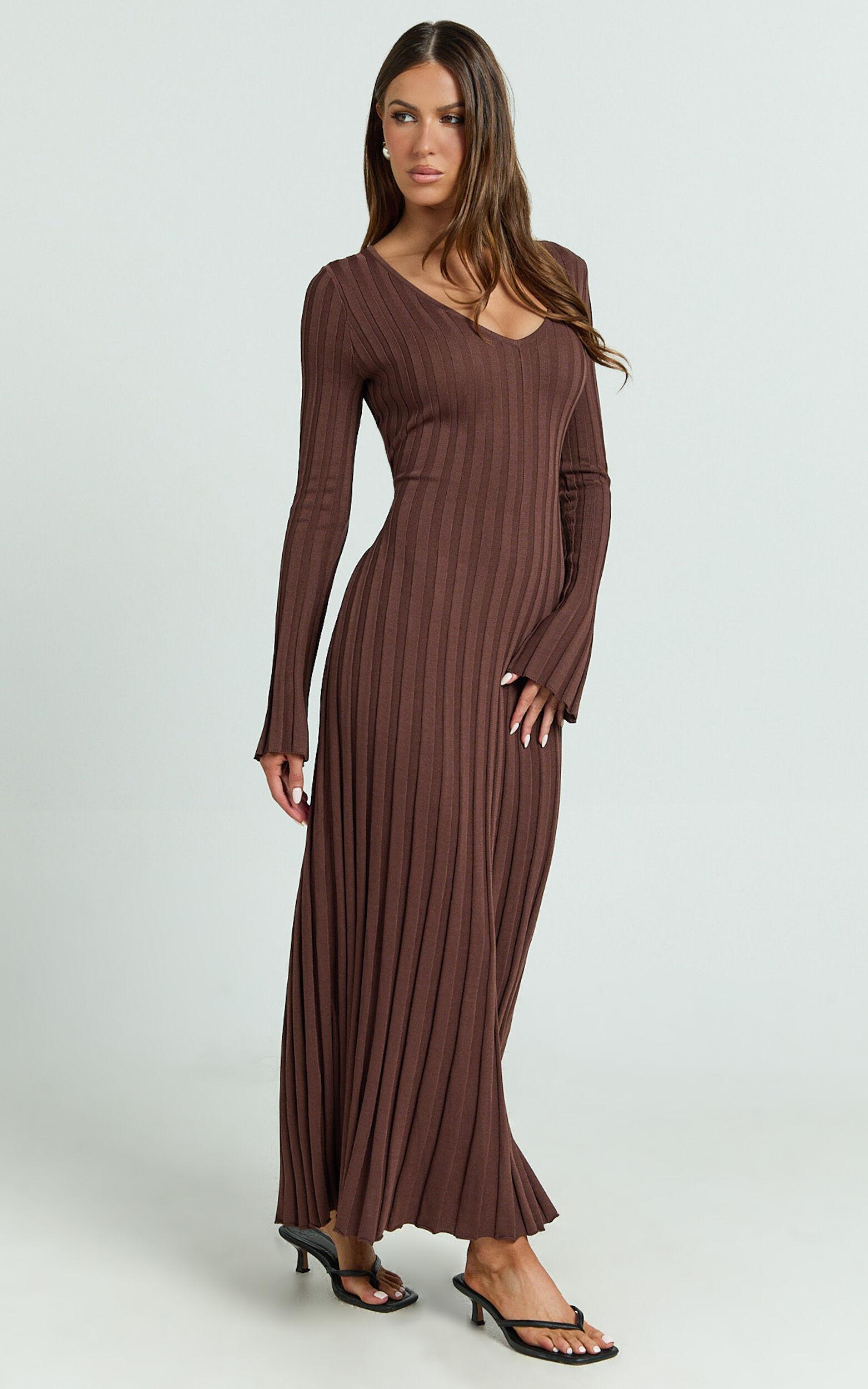 Astra Maxi Dress - V Neck Long Sleeve Knit Dress in Chocolate Product Image