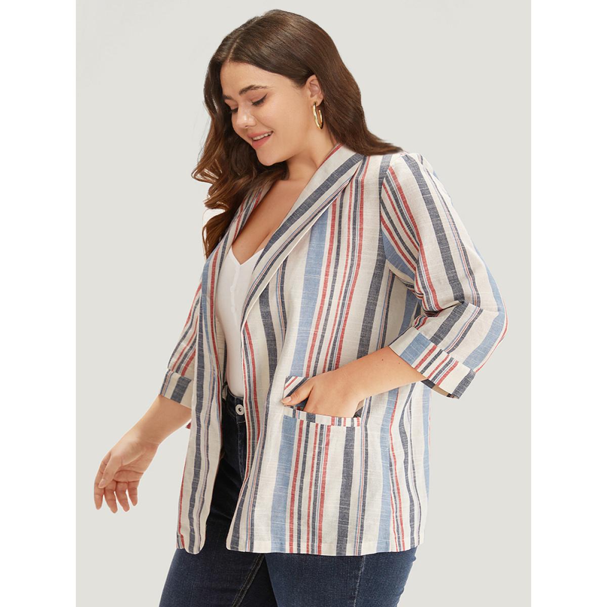 Plus Size Striped Lapel Collar Pocket Open Front Blazer DarkBlue Women Dailywear Striped Pocket Sleeve Elbow-length sleeve Lapel Collar 22-24/3X Pocket Casual Blazers BloomChic Product Image