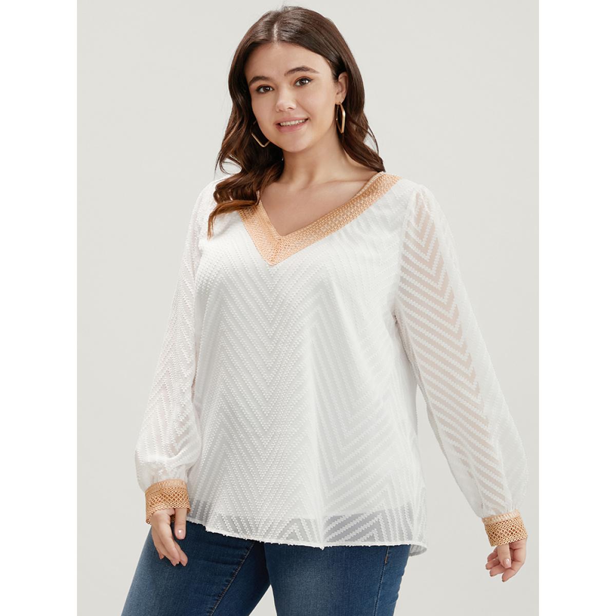 Plus Size Ivory Geometric Mesh Crochet Lace V Neck Blouse Women Elegant Long Sleeve V-neck Dailywear Blouses BloomChic 22-24/3X Product Image
