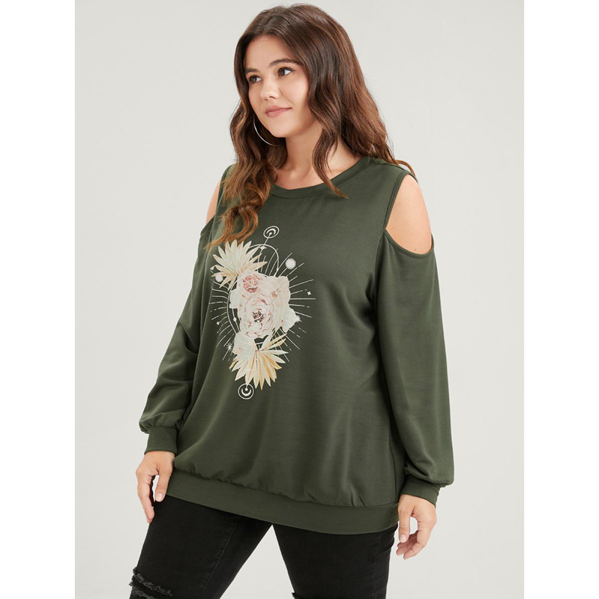 Plus Size Floral Print Cold Shoulder Sweatshirt Women ArmyGreen Elegant Printed Loose Round Neck Dailywear Sweatshirts BloomChic 18-20/2X Product Image