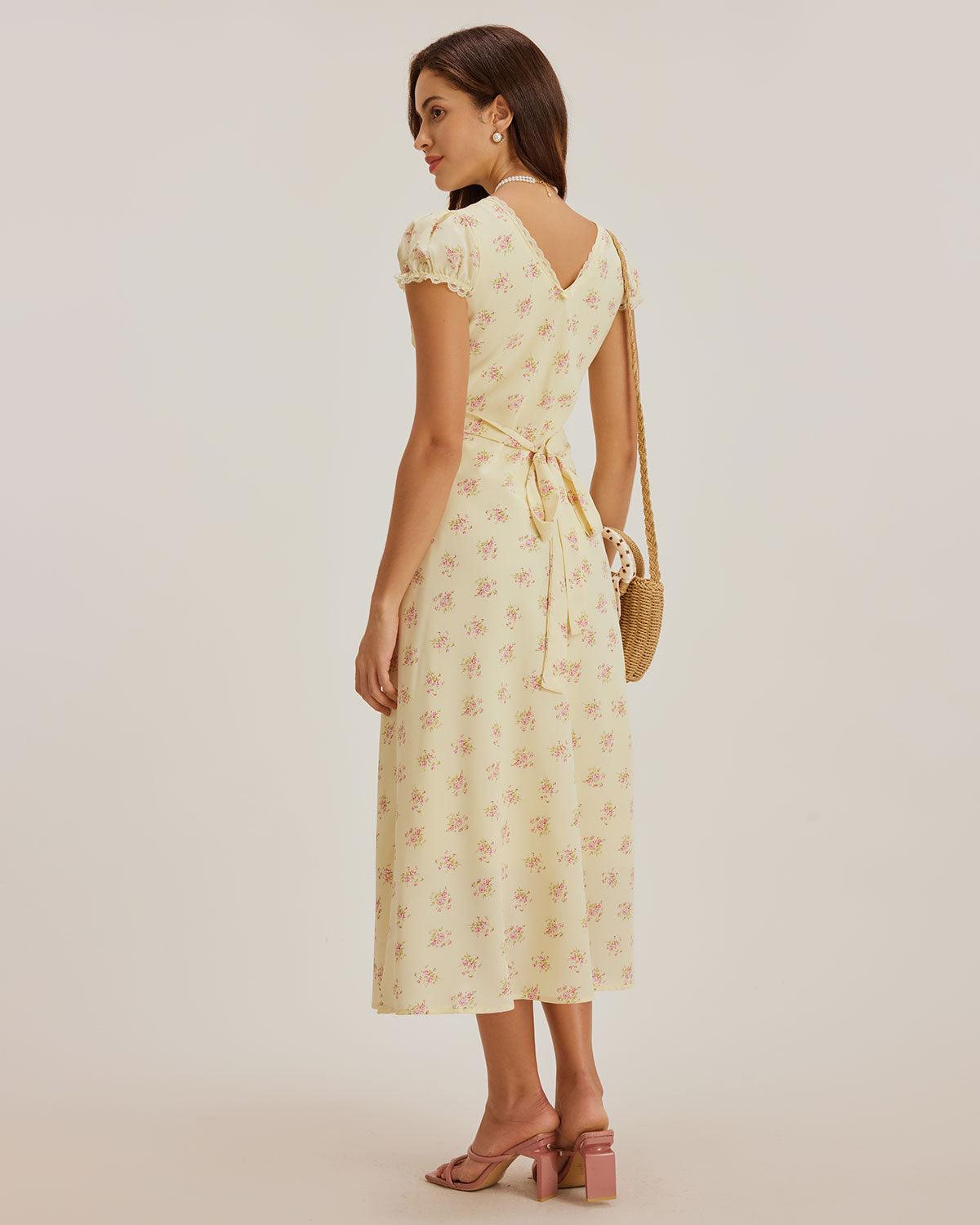 Yellow Floral V Neck Puffed Sleeve Maxi Dress Product Image