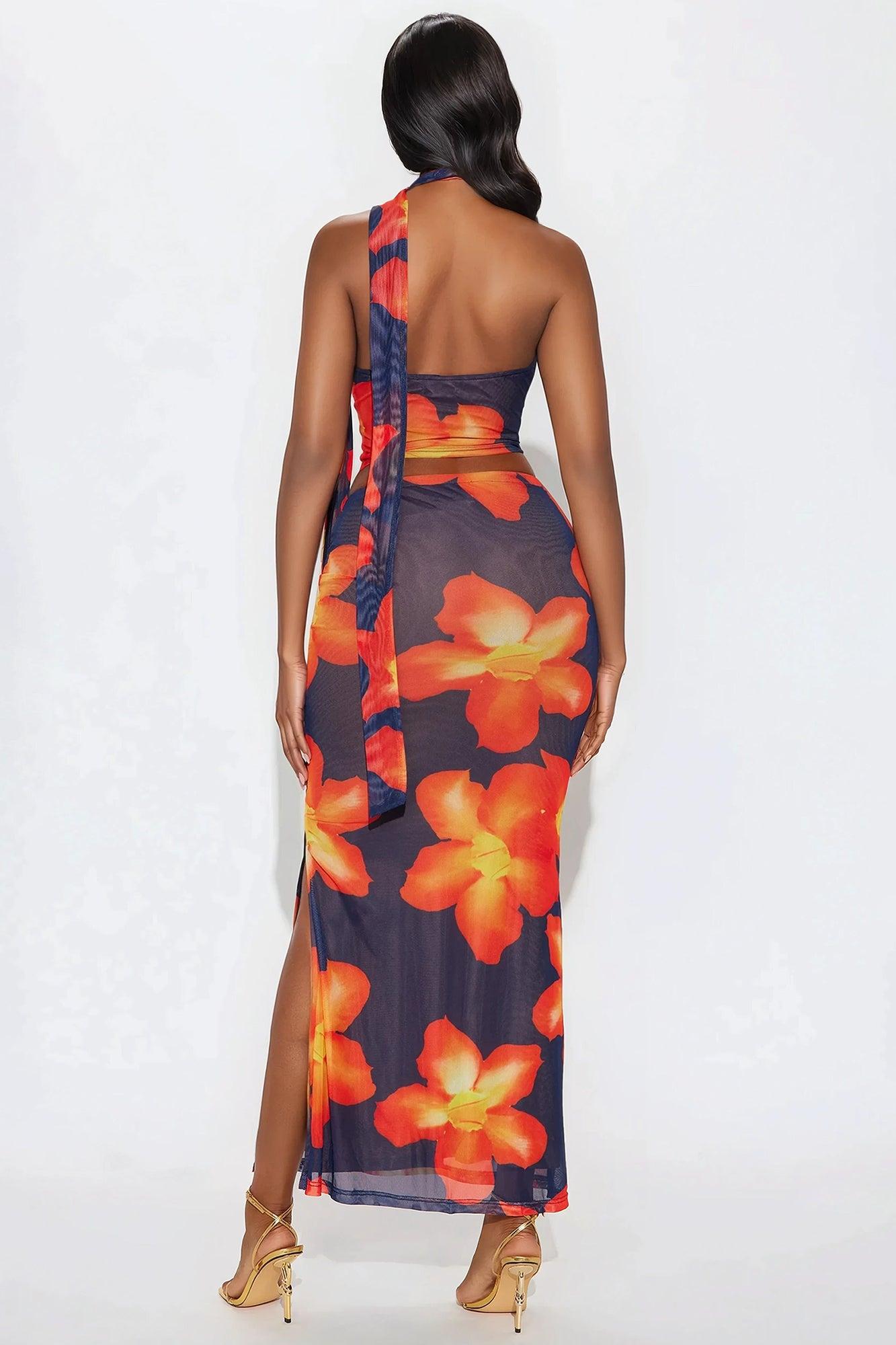 Island Heat 3 Piece Mesh Maxi Skirt Set - Orange/combo Product Image
