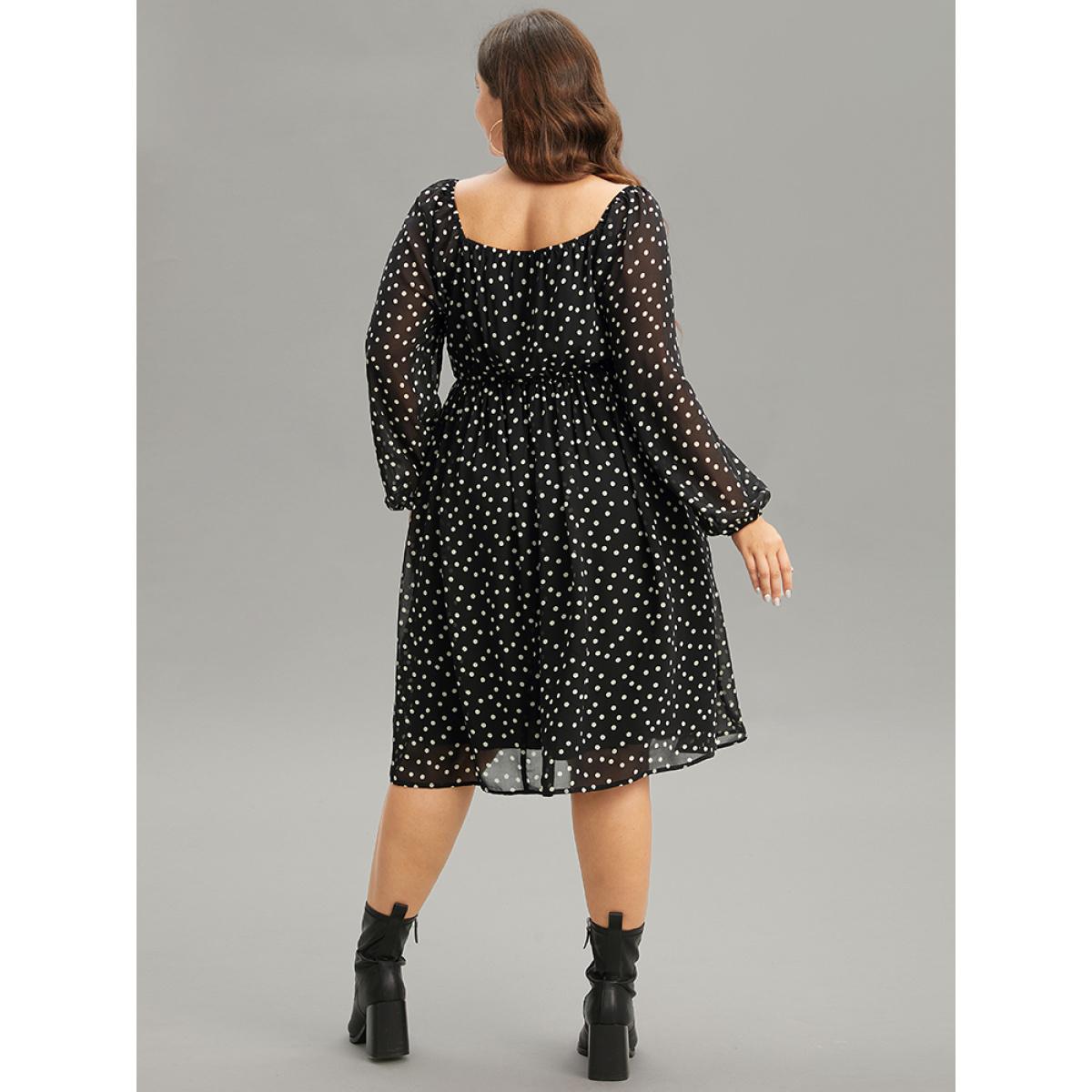 Plus Size Polka Dot Square Neck Gathered Lantern Sleeve Dress Black Women Casual Elastic cuffs Square Neck Long Sleeve Curvy Midi Dress BloomChic 12/L Product Image