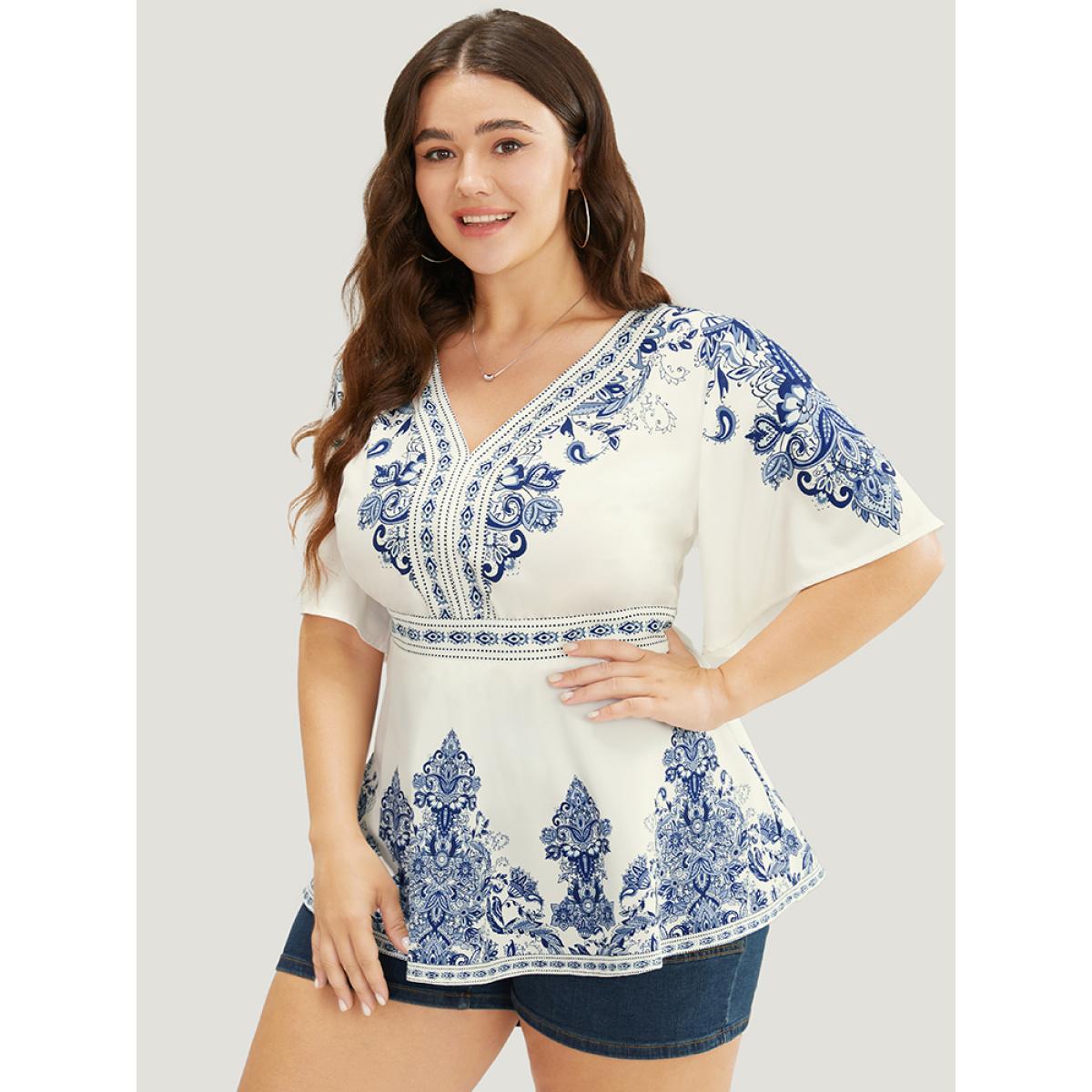 Plus Size Indigo Bandana Print Ruffles Elastic Waist Blouse Women Vacation Short sleeve V-neck Dailywear Blouses BloomChic 10/M Product Image