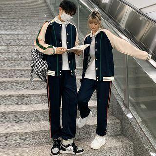 Couple Matching Crew Neck Striped Button Baseball Jacket / Harem Sweatpants / Short-Sleeve Striped Polo Shirt Product Image