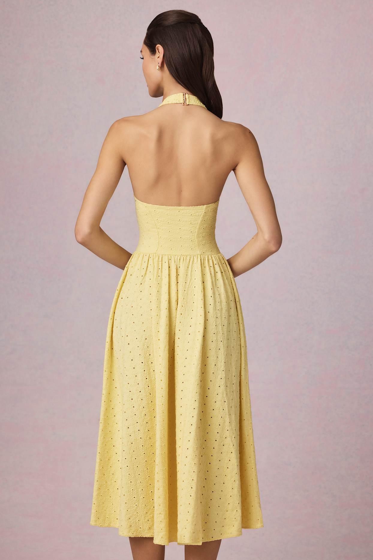Broderie Anglaise Halterneck Midaxi Dress in Lemon Yellow Product Image