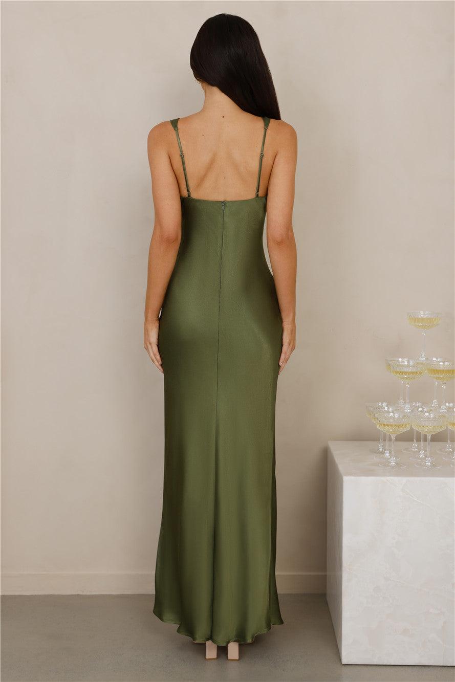 The Isabeau Satin Maxi Dress Olive Product Image