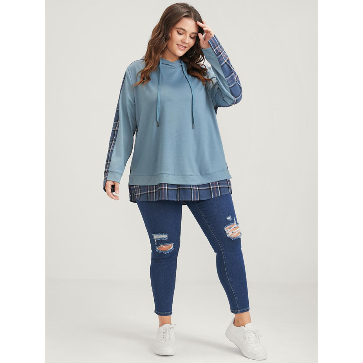 Plus Size Plaid Contrast Asymmetrical Drawstring Hooded Sweatshirt Women DarkBlue Casual Contrast Loose Hooded Dailywear Sweatshirts BloomChic 22-24/3X Product Image