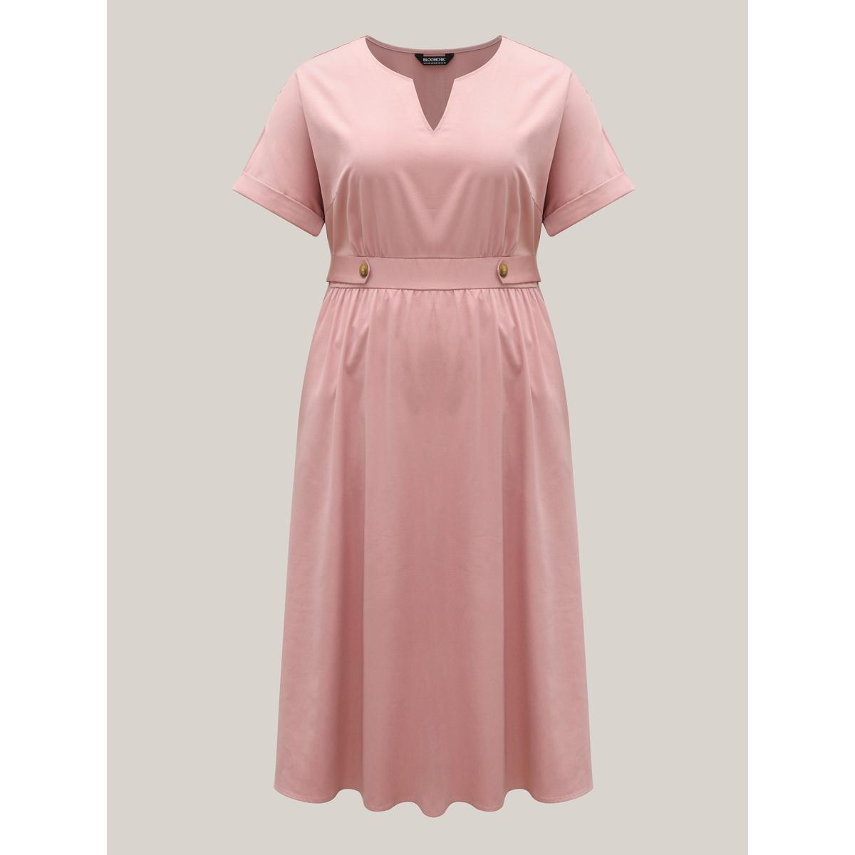 Plus Size Shirred Back Waist Pockets Midi Dress Watermelon Women Flat collar with V-notch Short sleeve Curvy BloomChic 14-16/1X Product Image
