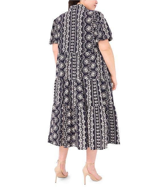 CeCe Plus Size Woven Printed Collared Short Puff Sleeve Button Front Tiered Midi Dress Product Image