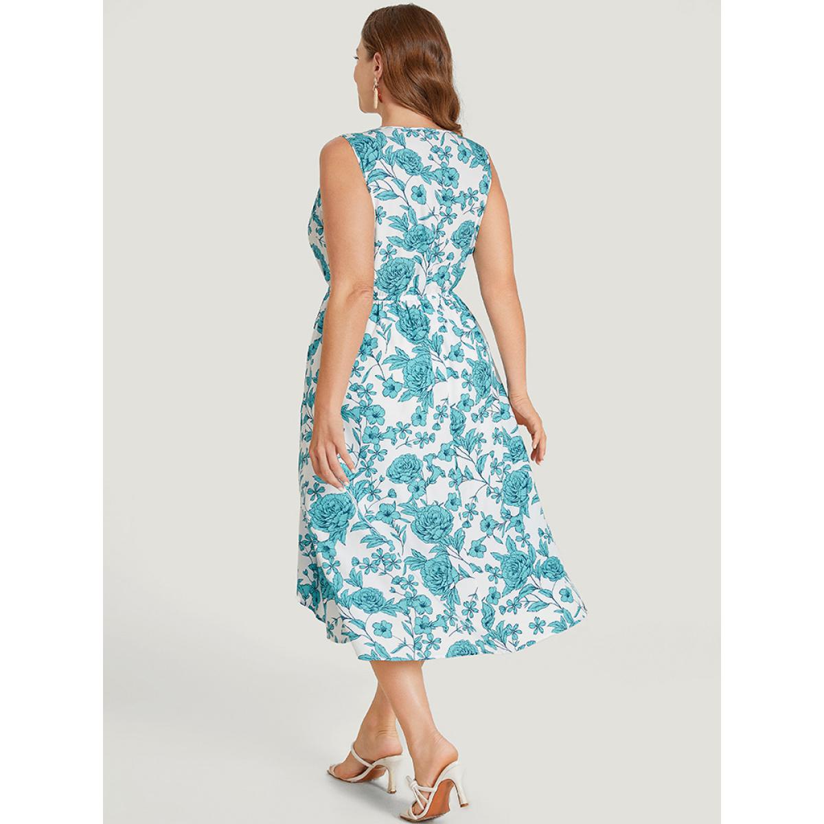 Plus Size Floral Print Pocket V Neck Asymmetrical Hem Tank Dress Teal Women Elegant Lined V-neck Sleeveless Curvy Midi Dress BloomChic 22-24/3X Product Image