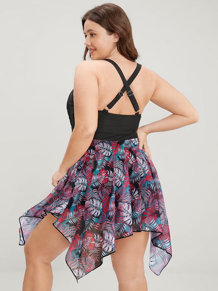 Tropical Ruched Ties Hanky Hem Crisscross Swim Dress Female Product Image