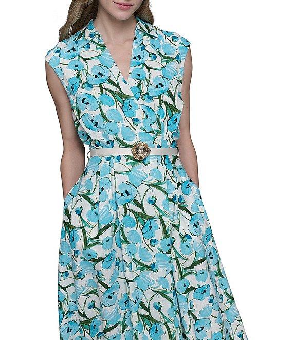 KARL LAGERFELD PARIS Linen Blend Floral Print V Neck Cap Sleeve Belted Blouson Midi Dress Product Image