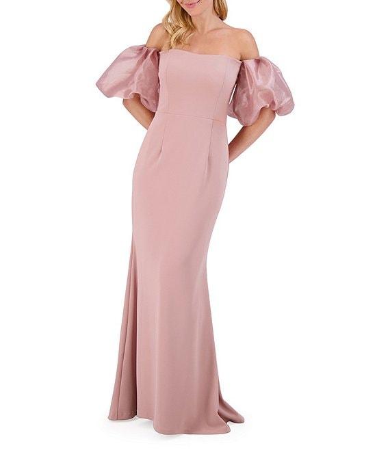 Eliza J Scuba Crepe Off-The-Shoulder Neck Organza Short Puff Sleeve Gown Product Image