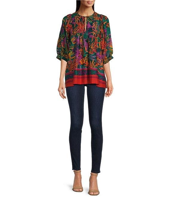 J.Marie Asher Woven Floral Printed Tie Split V-Neck 3/4#double; Puff Sleeve Tunic Product Image