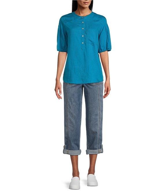 Westbound Pocket Front 3/4 Puff Sleeve Henley Top Product Image