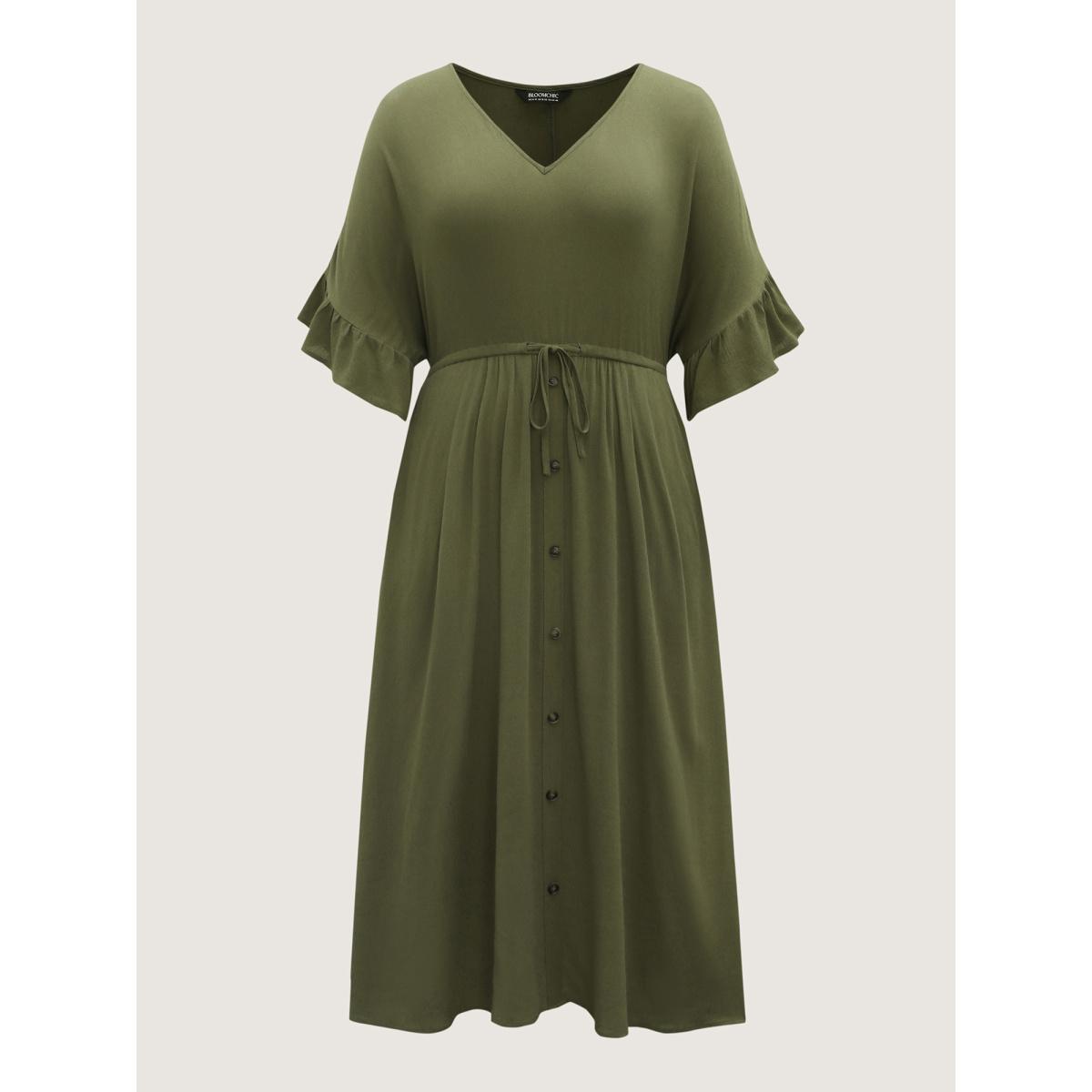 Plus Size Waist-Defining Tie Ruffled Sleeve Midi Dress ArmyGreen Women Boho V-neck Half Sleeve Curvy BloomChic 22-24/3X Product Image