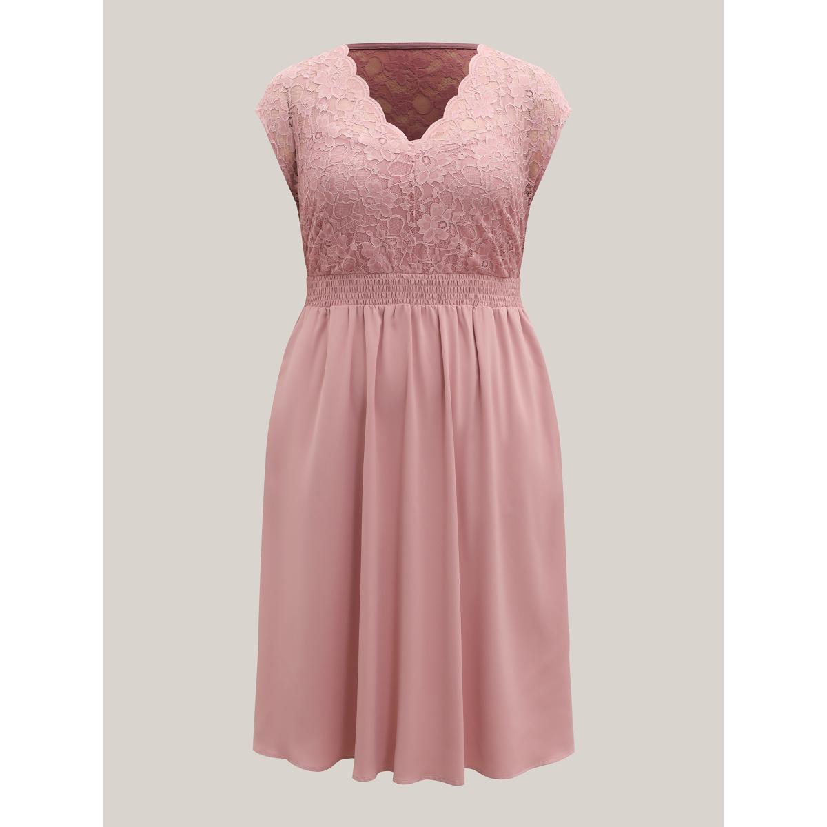 Plus Size Lace Sheer Stretchy Waist Solid Midi Dress Watermelon Women V-neck Short sleeve Curvy BloomChic 14-16/1X Product Image