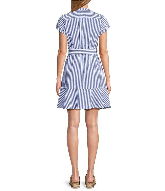Tommy Bahama Frond Harbor Seersucker V-Neck Short Sleeve Flounce Shirtdress Product Image