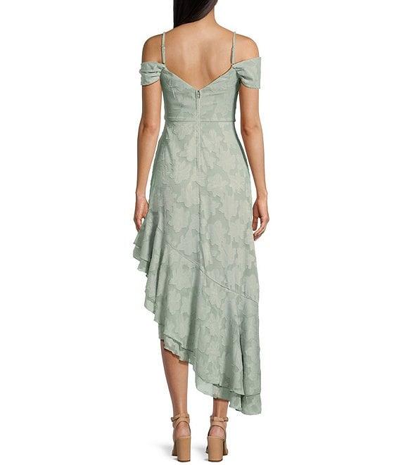 City Vibe Drape Neck Off-The-Shoulder Ruffled Asymmetric High-Low Hem Midi Dress Product Image