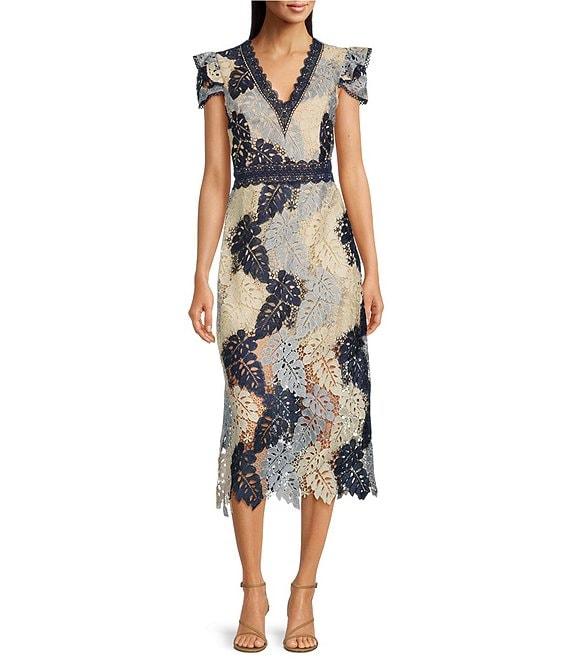 Adelyn Rae Crochet Lace V-Neck Flutter Short Sleeve Midi Dress Product Image