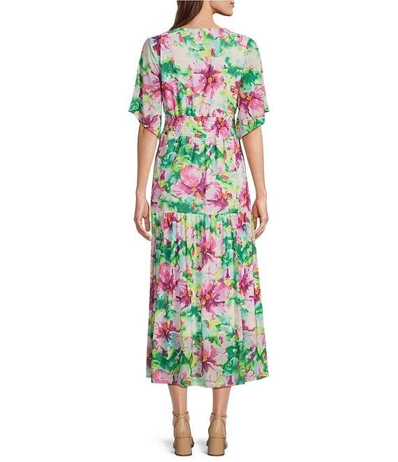 Calessa Stretch Mesh Abstract New Floral Print V-Neck Short Sleeve Empire Waist Tiered Dress Product Image