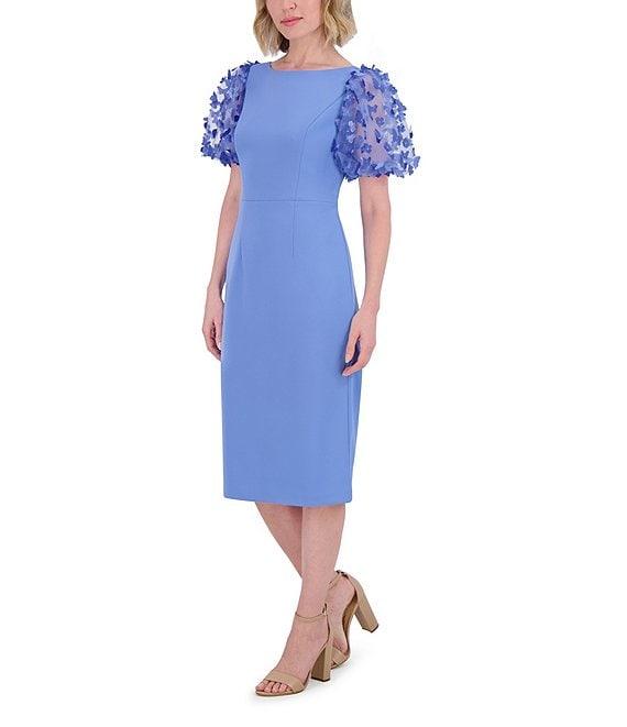 Eliza J Scuba Crepe Scoop Neck Short Puff Sleeve 3D Butterfly Sheath Midi Dress Product Image
