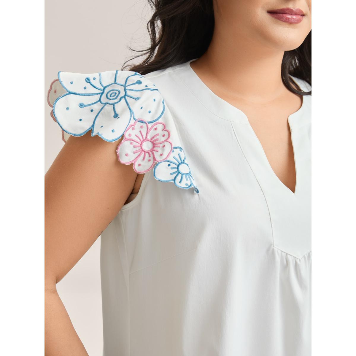 Plus Size Originalwhite Floral Lotus Leaf Sleeve Split Neck Blouse Women Cap Sleeve Notched collar Casual Blouses BloomChic 10/M Product Image