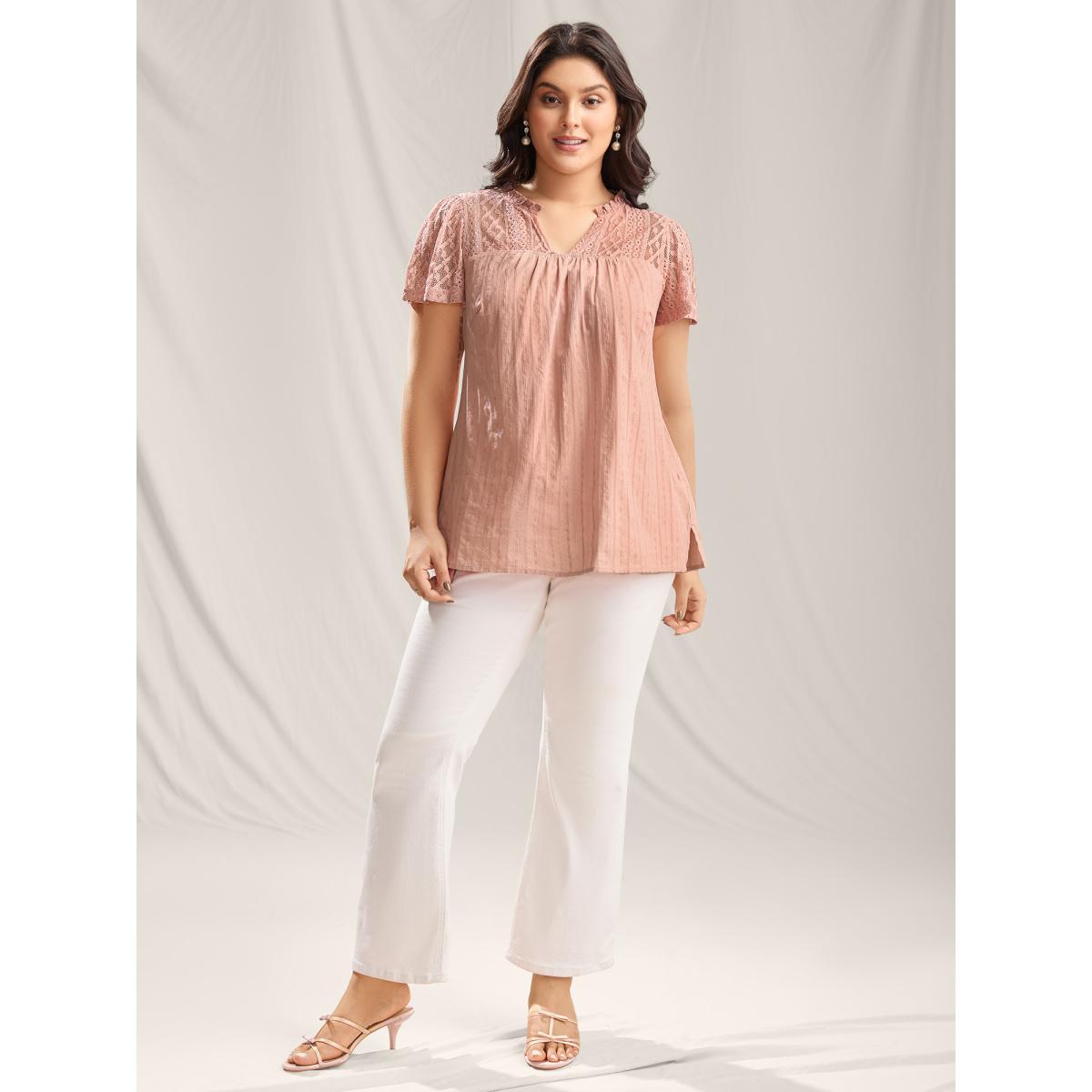 Plus Size Crepe Sheer Notched Collar Textured Spliced Blouse Women Short sleeve Notched collar Everyday-Elegant Blouses BloomChic 22-24/3X Product Image