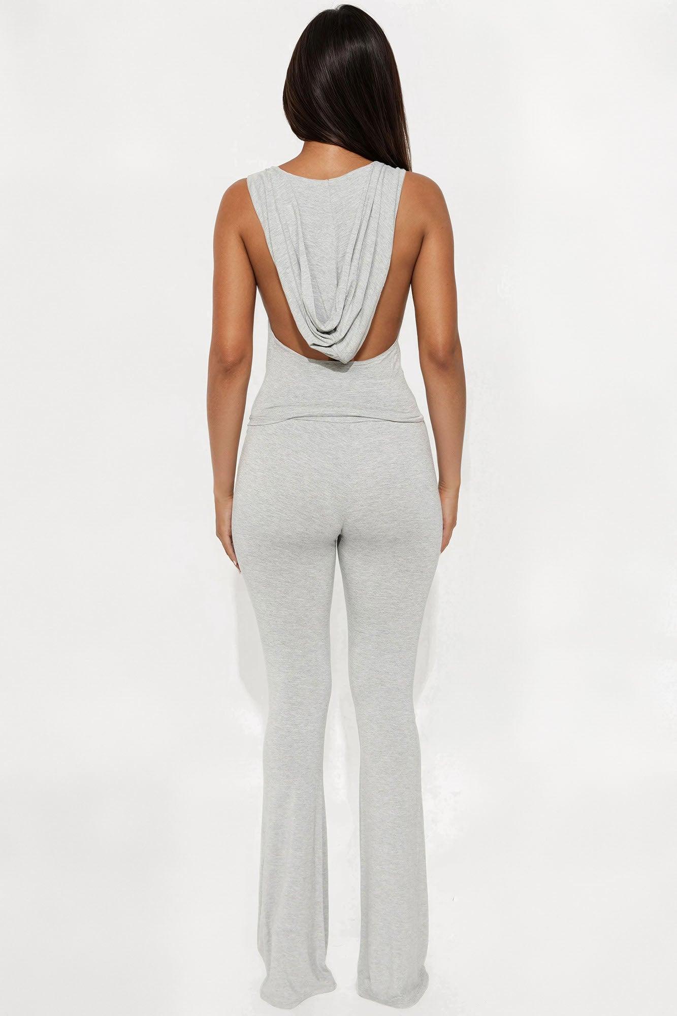 Out All Night Hooded Halter Top Flare Leg Pant Set - Heather Grey Female Product Image