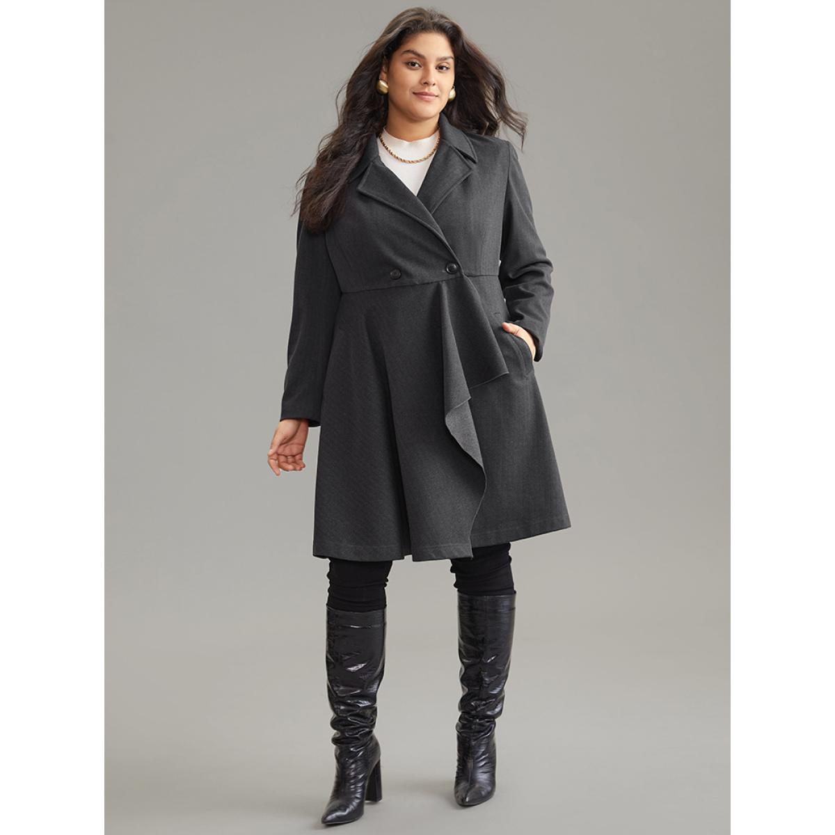 Plus Size Woolen Solid Button Up Ruffle Trim Coat Women Gray Elegant Asymmetrical Ladies Dailywear Winter Coats BloomChic 18-20/2X Product Image