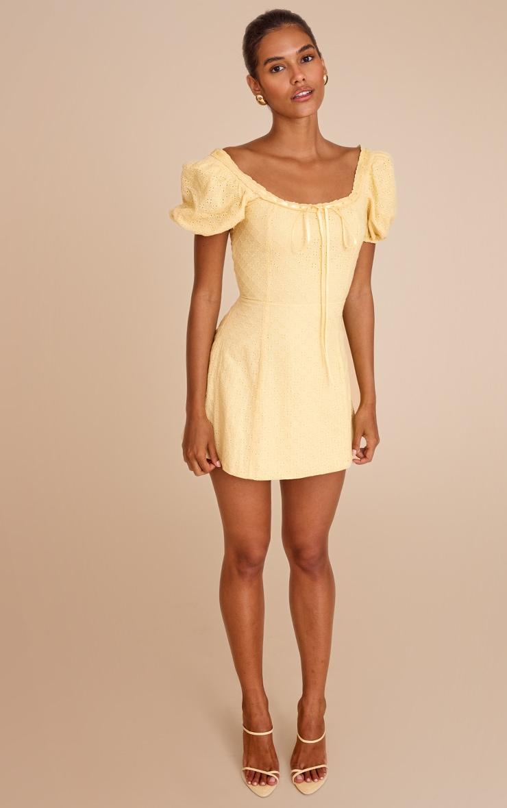 Yellow Broderie Puff Sleeve A-line Mini Dress Product Image