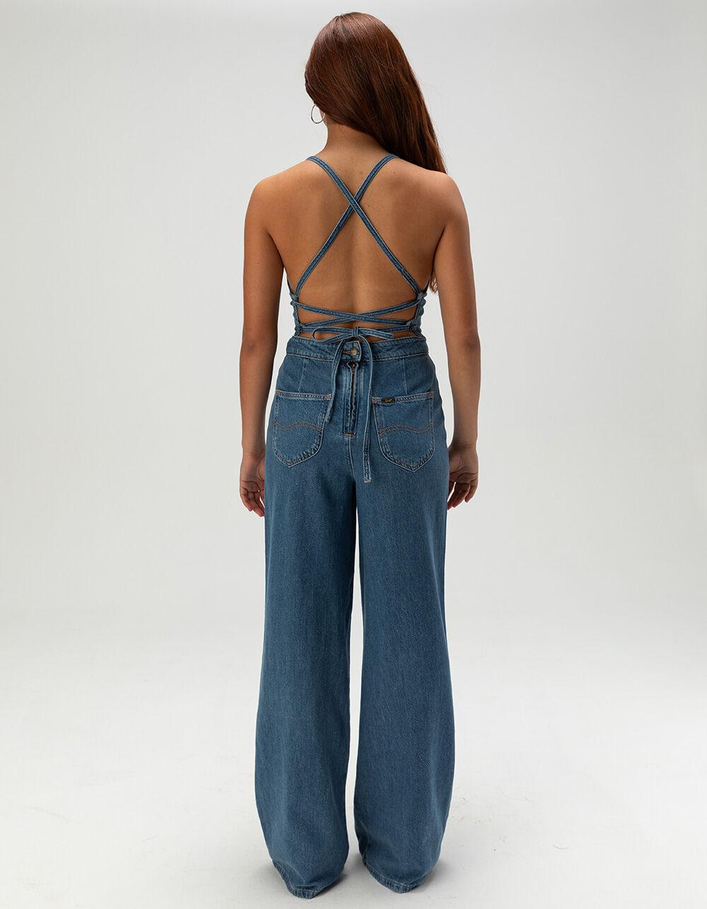 LEE Cross Back Womens Wide Leg Denim Jumpsuit - Dark Wash Product Image