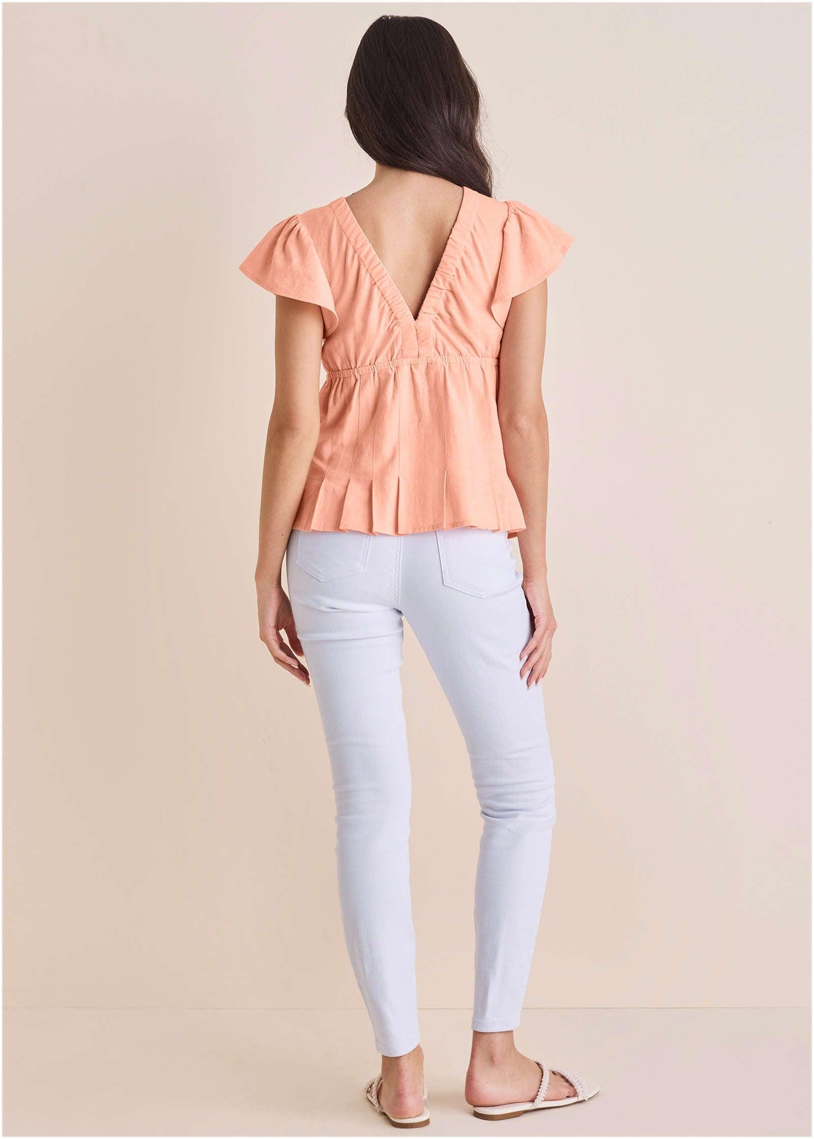Linen V-Neck Blouse - Peach Product Image