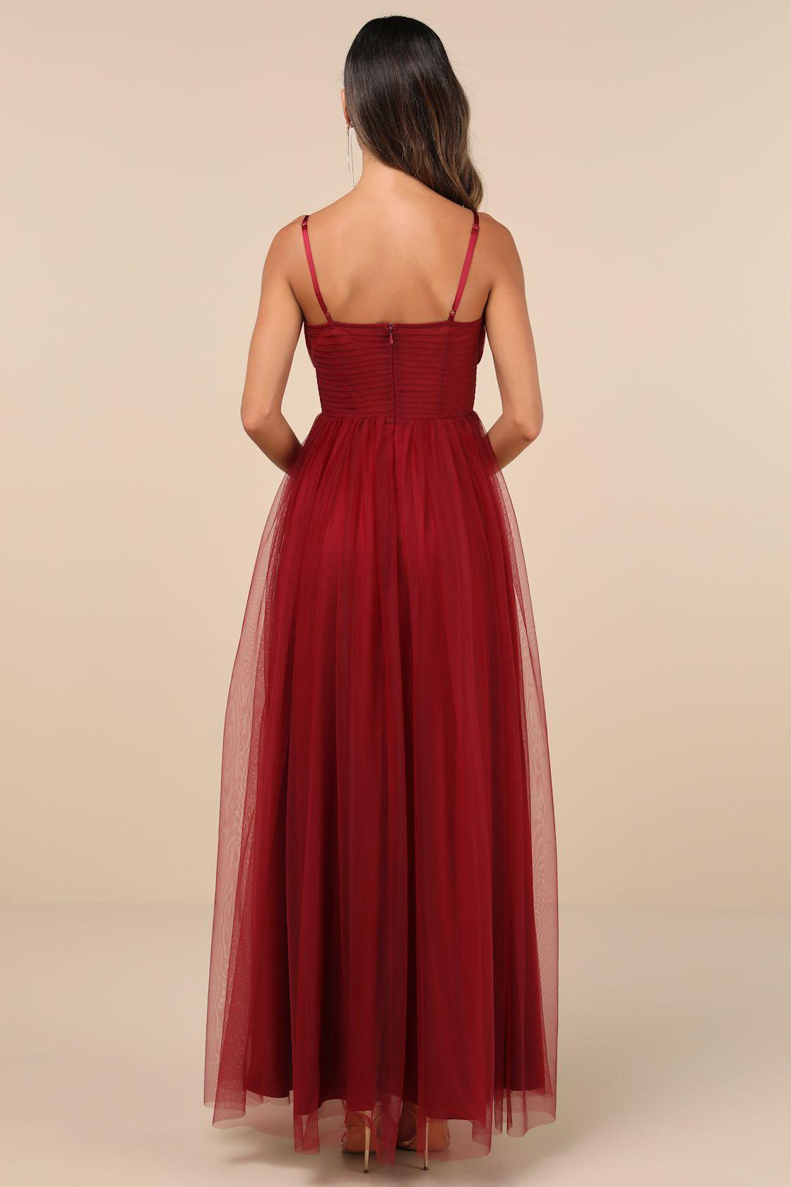 Convincingly Graceful Wine Red Tulle Sleeveless Maxi Dress Product Image