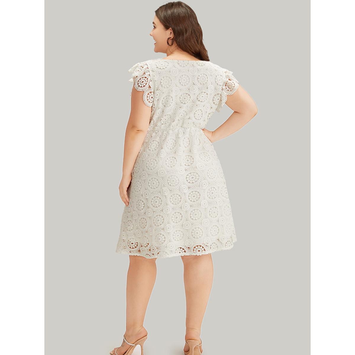 Plus Size Plain Lace Flutter Trim Pocket Square Neck Dress White Women Glamour Lined Square Neck Sleeveless Curvy Midi Dress BloomChic 14-16/1X Product Image