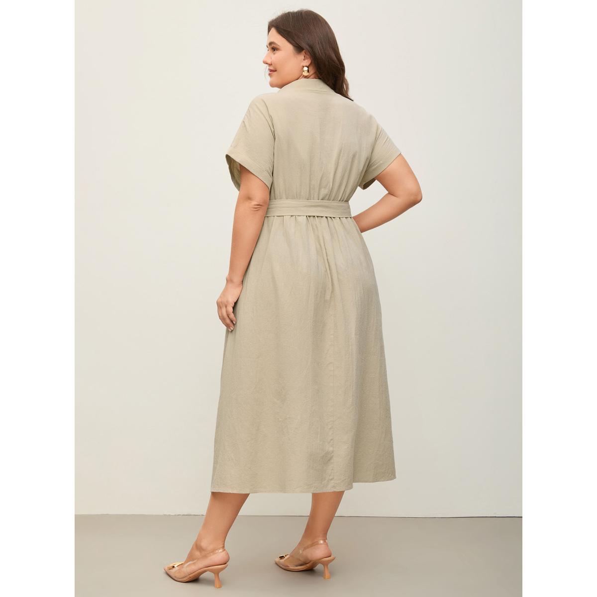 Plus Size Pure Cotton Button-Front Belted Midi Dress Apricot Women Office Belted Shirt collar Short sleeve Curvy BloomChic 14-16/1X Product Image