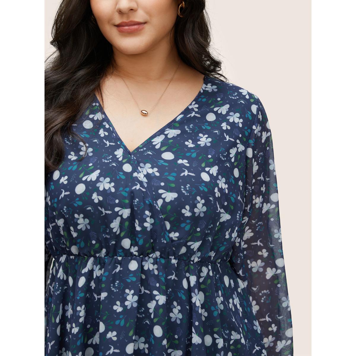 Plus Size Indigo Floral Wrap Elastic Waist Mesh Patchwork Blouse Women Elegant Long Sleeve V-neck Party Blouses BloomChic 22-24/3X Product Image