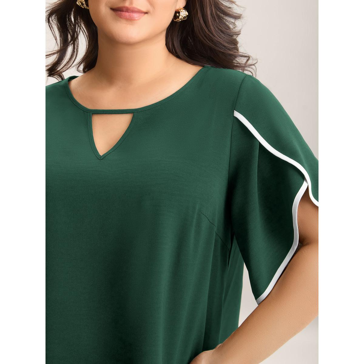 Plus Size DarkGreen Color Contrast Petal Sleeve Shirt Women Office Half Sleeve Round Neck Office Blouses BloomChic 14-16/1X Product Image