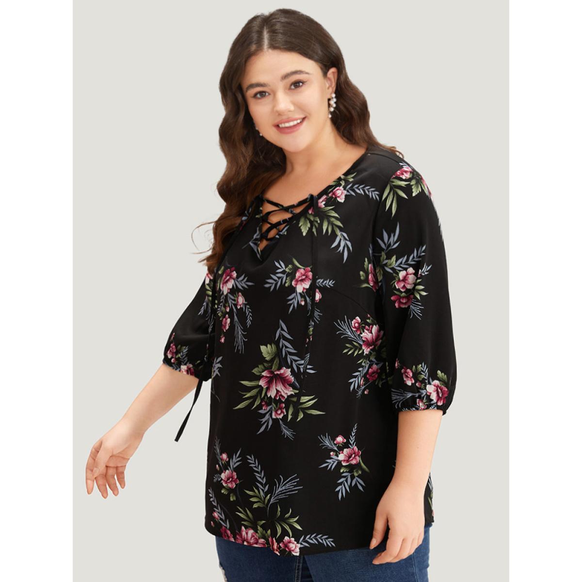 Plus Size Black Floral Print Lace Up Lantern Sleeve Blouse Women Elegant Half Sleeve V-neck Dailywear Blouses BloomChic 12/L Product Image