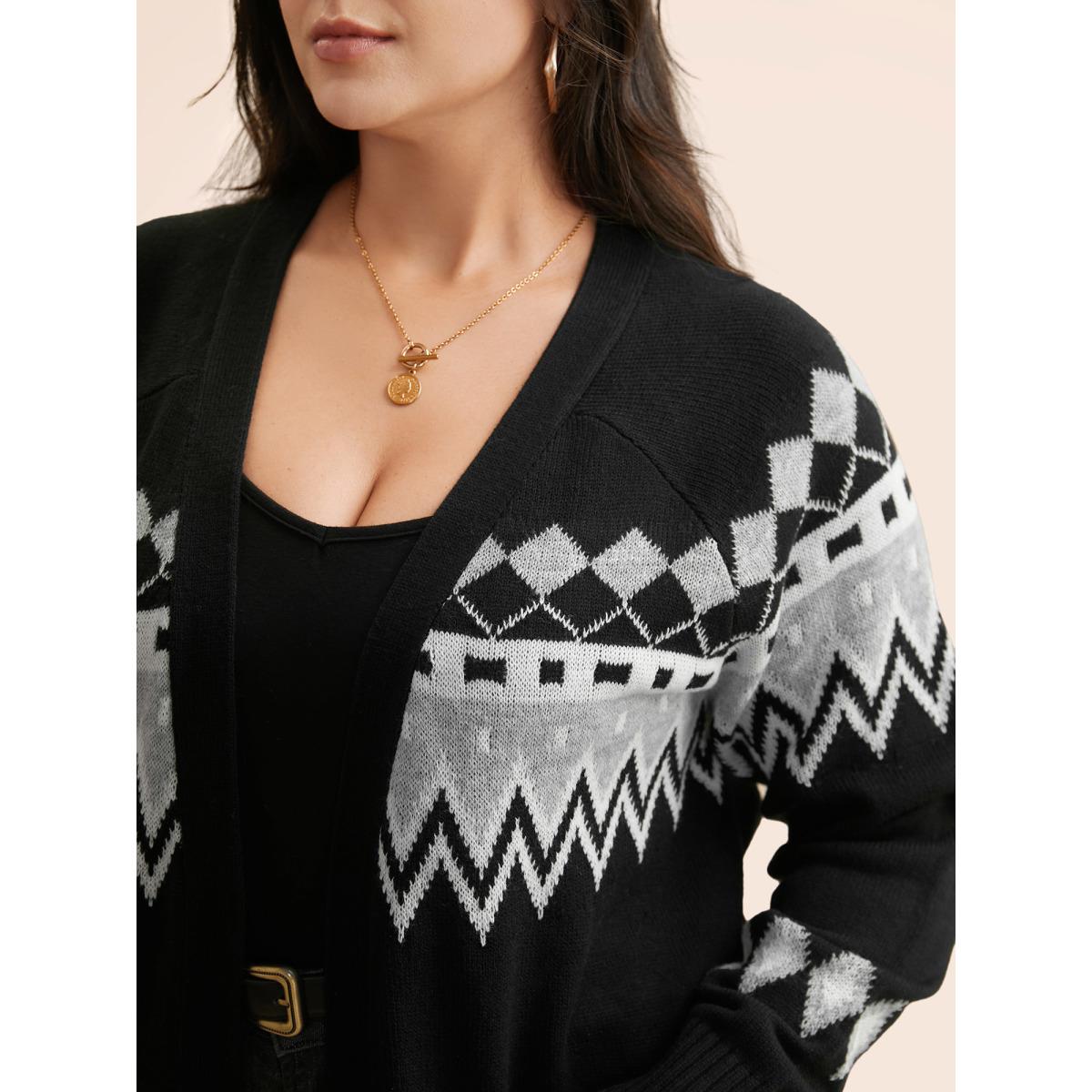 Plus Size Bandana Geometric Raglan Sleeve Cardigan Black Women Casual Loose Long Sleeve Everyday Cardigans BloomChic 28/5X Product Image