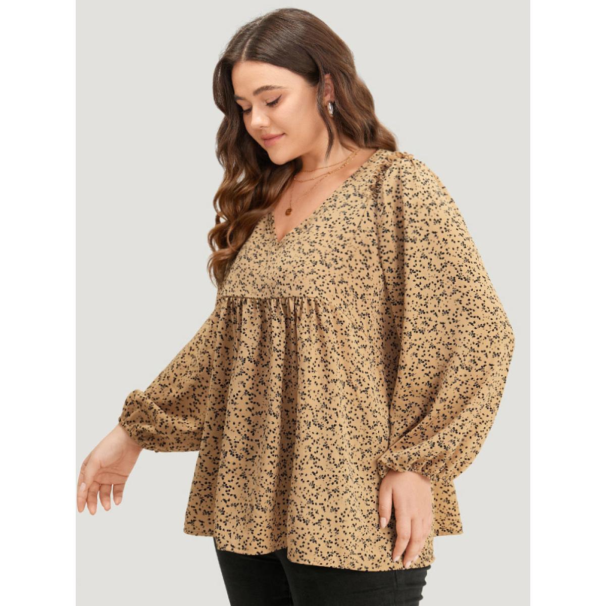 Plus Size LightBrown Ditsy Floral Shirred V Neck Frill Trim Blouse Women Elegant Long Sleeve V-neck Dailywear Blouses BloomChic 22-24/3X Product Image