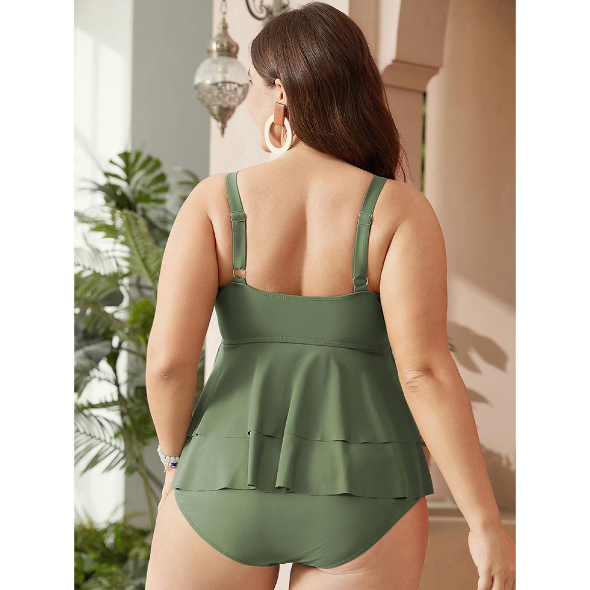 Plus Size Sculpt Waist Flutter Tiered Hem One Piece Swimsuit Women's Swimwear ArmyGreen Vacation Adjustable Straps Curve Bathing Suits High stretch One Pieces BloomChic 30/6X Product Image