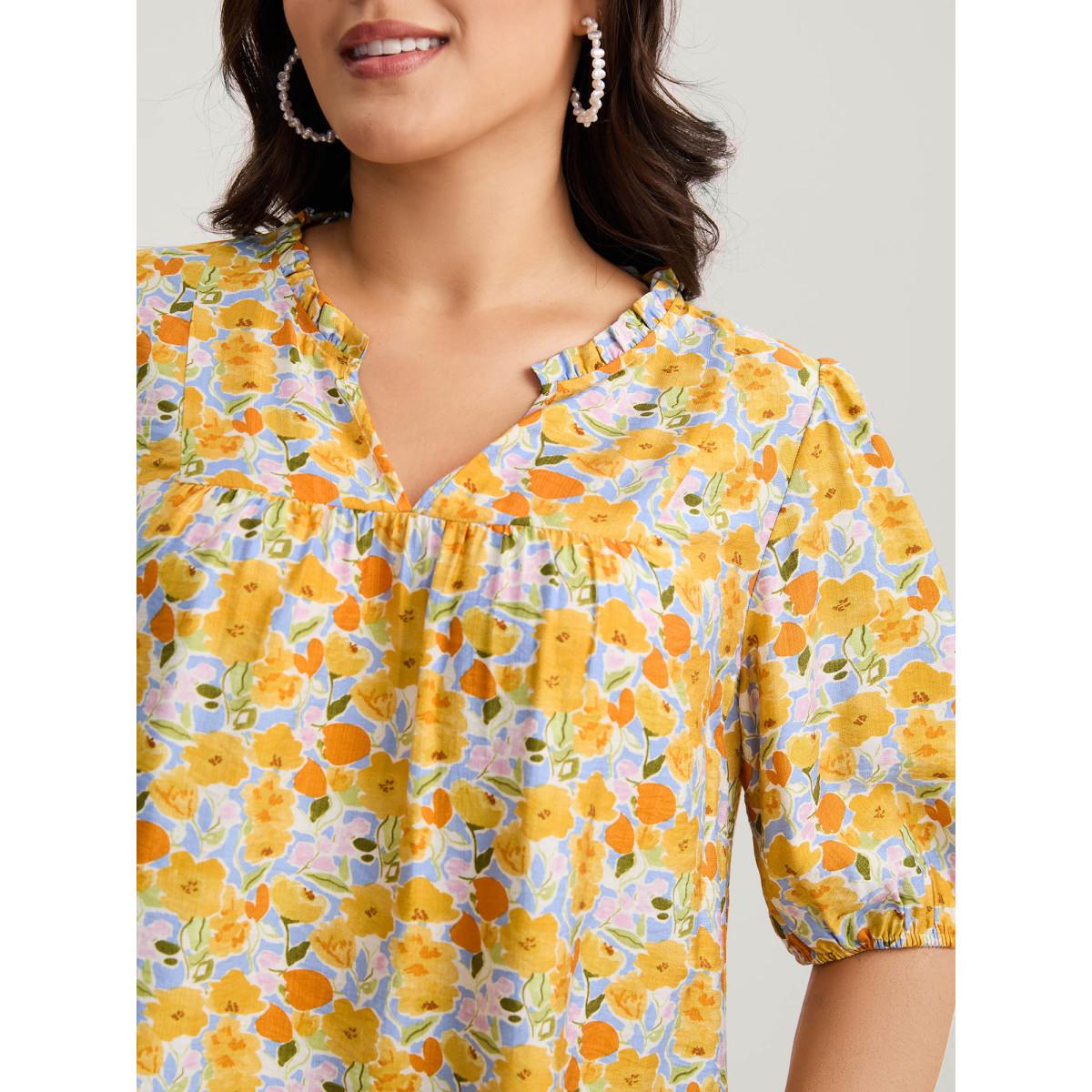 Plus Size LightBlue Rayon Ruffled Notched Collar Blouse Women Timeless Half Sleeve Notched collar Elegant Blouses BloomChic 10/M Product Image